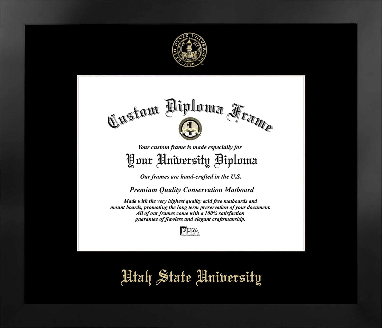 Utah State University 11w x 8.5h Manhattan Black Single Mat Gold Embossed Diploma Frame with Bonus Campus Images Lithograph (value savings at $59)